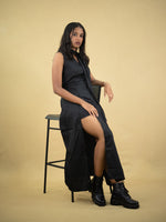 Women Floor Length Dress With Front Slit, black casual dress