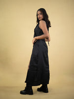 Women Floor Length Dress With Front Slit, black casual dress