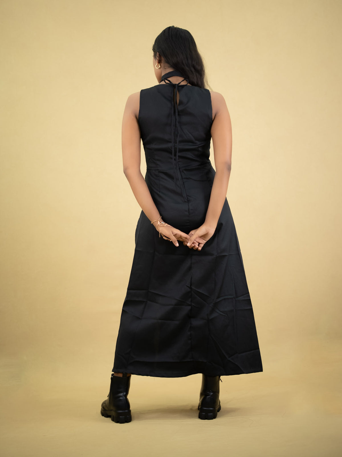 Women Floor Length Dress With Front Slit, black casual dress