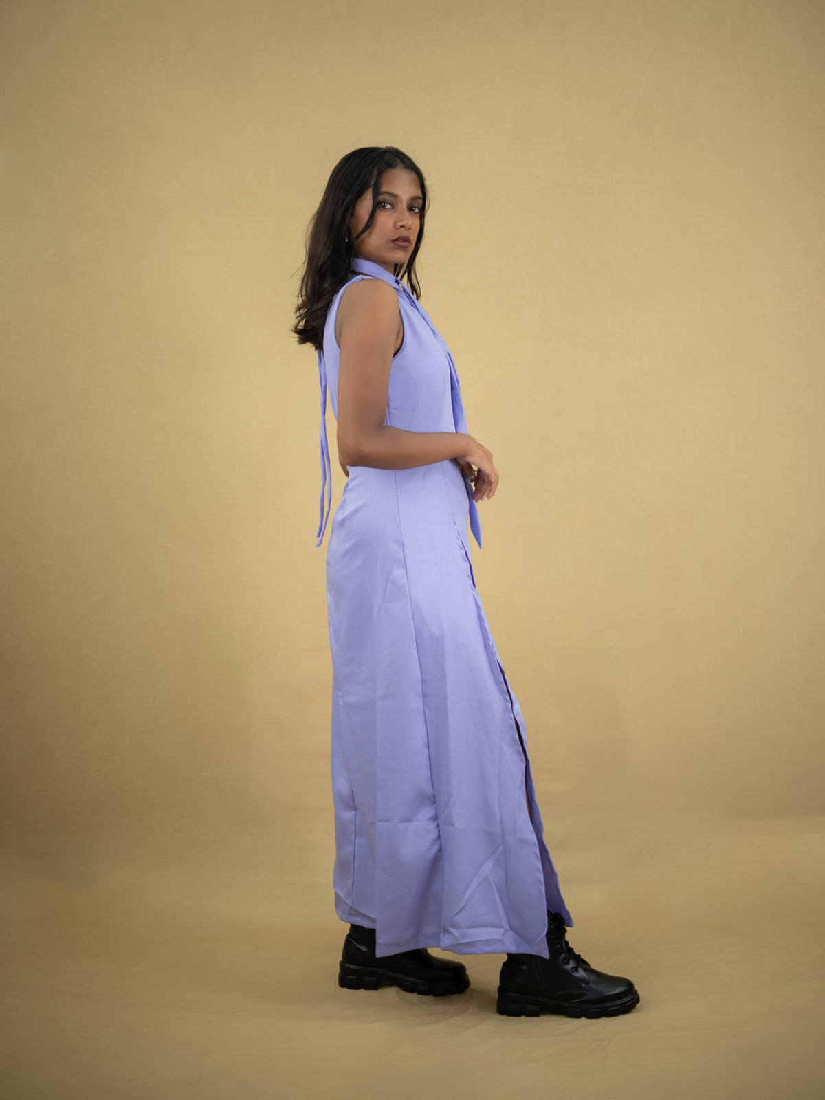 Women Floor Length Dress With Front Slit, Lavender casual dress