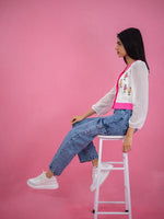 Women V Neck Floral Knitted Short Top, casual white knitted floral top pink