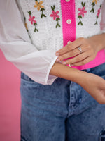 Women V Neck Floral Knitted Short Top, casual white knitted floral top pink