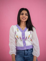 Women V Neck Floral Knitted Short Top, casual white knitted floral top lavender