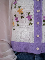 Women V Neck Floral Knitted Short Top, casual white knitted floral top lavender