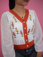 Women V Neck Floral Knitted Short Top, casual white knitted floral top orange red