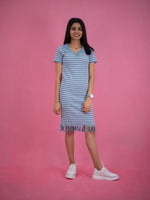 Women Striped Tassel Pullover Knit Dress, blue casual dress with stripe and collar