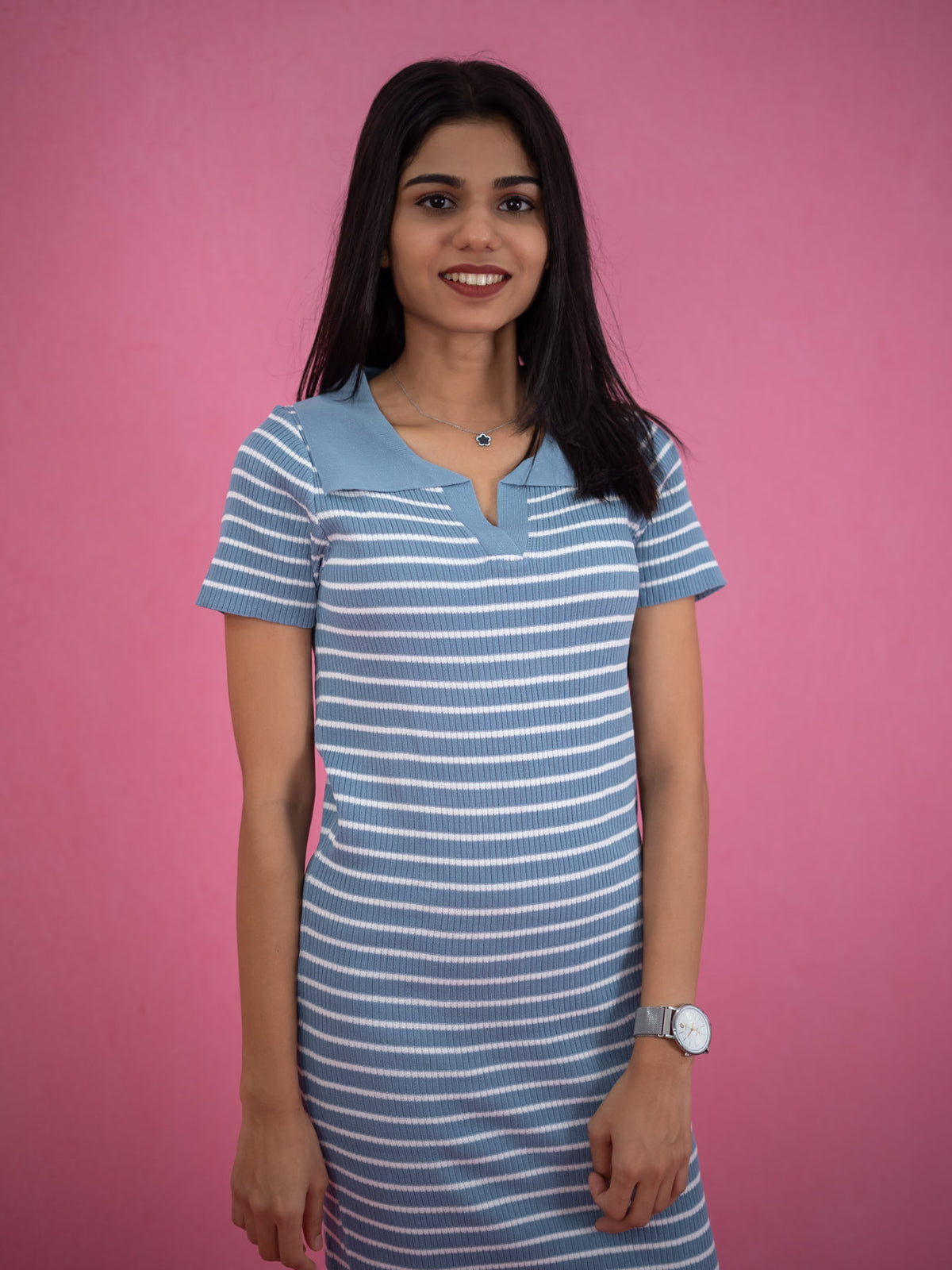 Women Striped Tassel Pullover Knit Dress, blue casual dress with stripe and collar