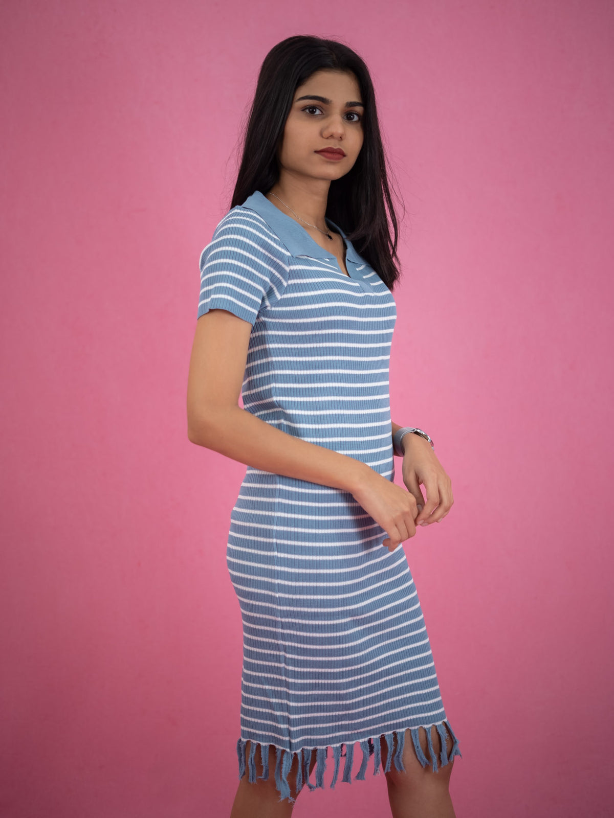 Women Striped Tassel Pullover Knit Dress, blue casual dress with stripe and collar