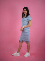 Women Striped Tassel Pullover Knit Dress, blue casual dress with stripe and collar