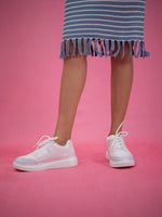 Women Striped Tassel Pullover Knit Dress, blue casual dress with stripe and collar