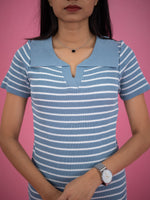 Women Striped Tassel Pullover Knit Dress, blue casual dress with stripe and collar