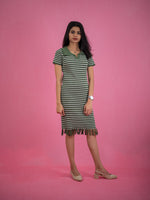 Women Striped Tassel Pullover Knit Dress, green casual dress with stripe and collar