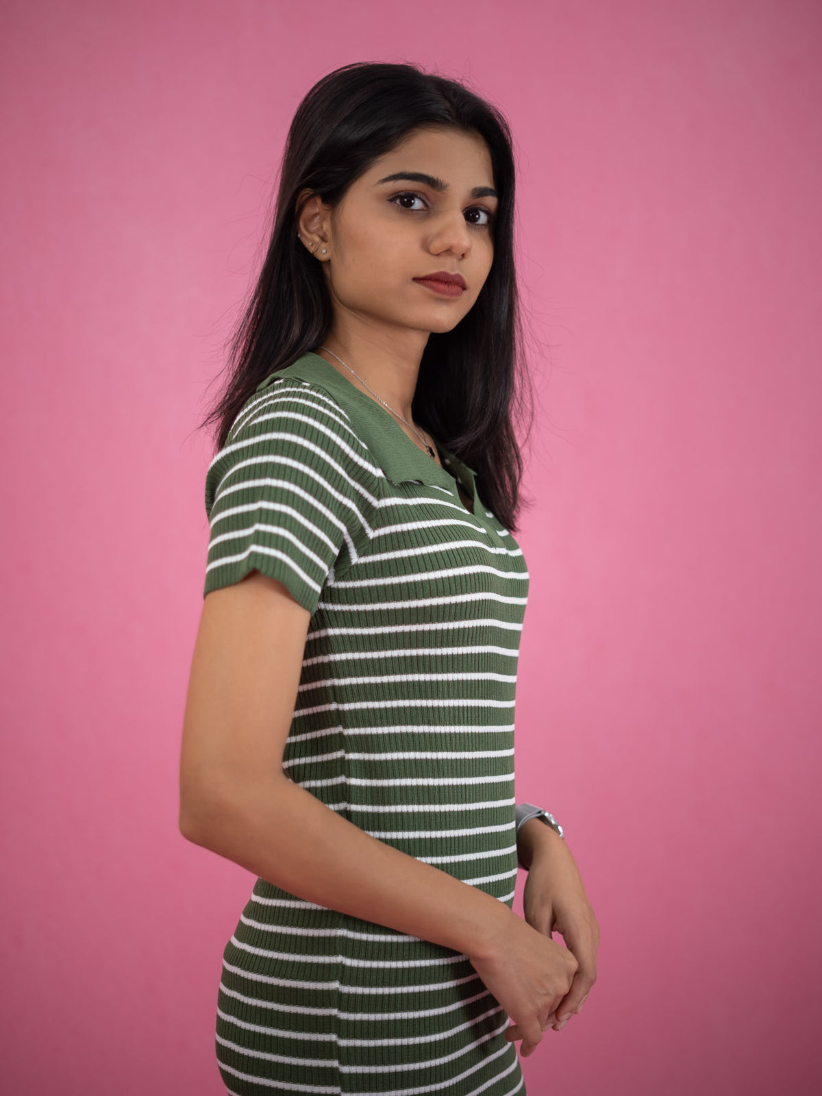 Women Striped Tassel Pullover Knit Dress, green casual dress with stripe and collar