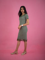 Women Striped Tassel Pullover Knit Dress, green casual dress with stripe and collar