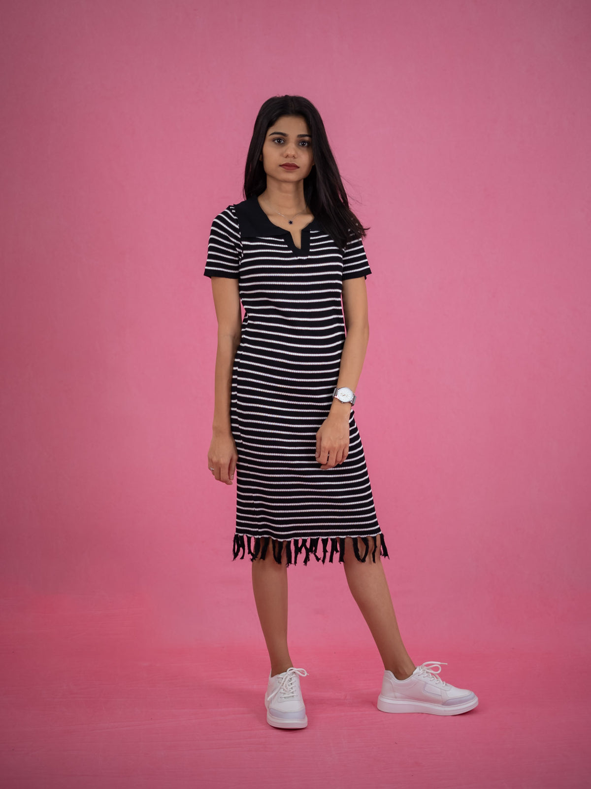 Women Striped Tassel Pullover Knit Dress, black casual dress with stripe and collar