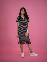 Women Striped Tassel Pullover Knit Dress, black casual dress with stripe and collar