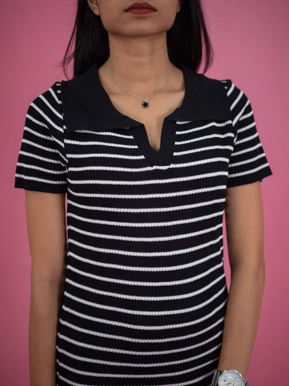 Women Striped Tassel Pullover Knit Dress, black casual dress with stripe and collar