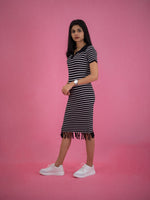 Women Striped Tassel Pullover Knit Dress, black casual dress with stripe and collar