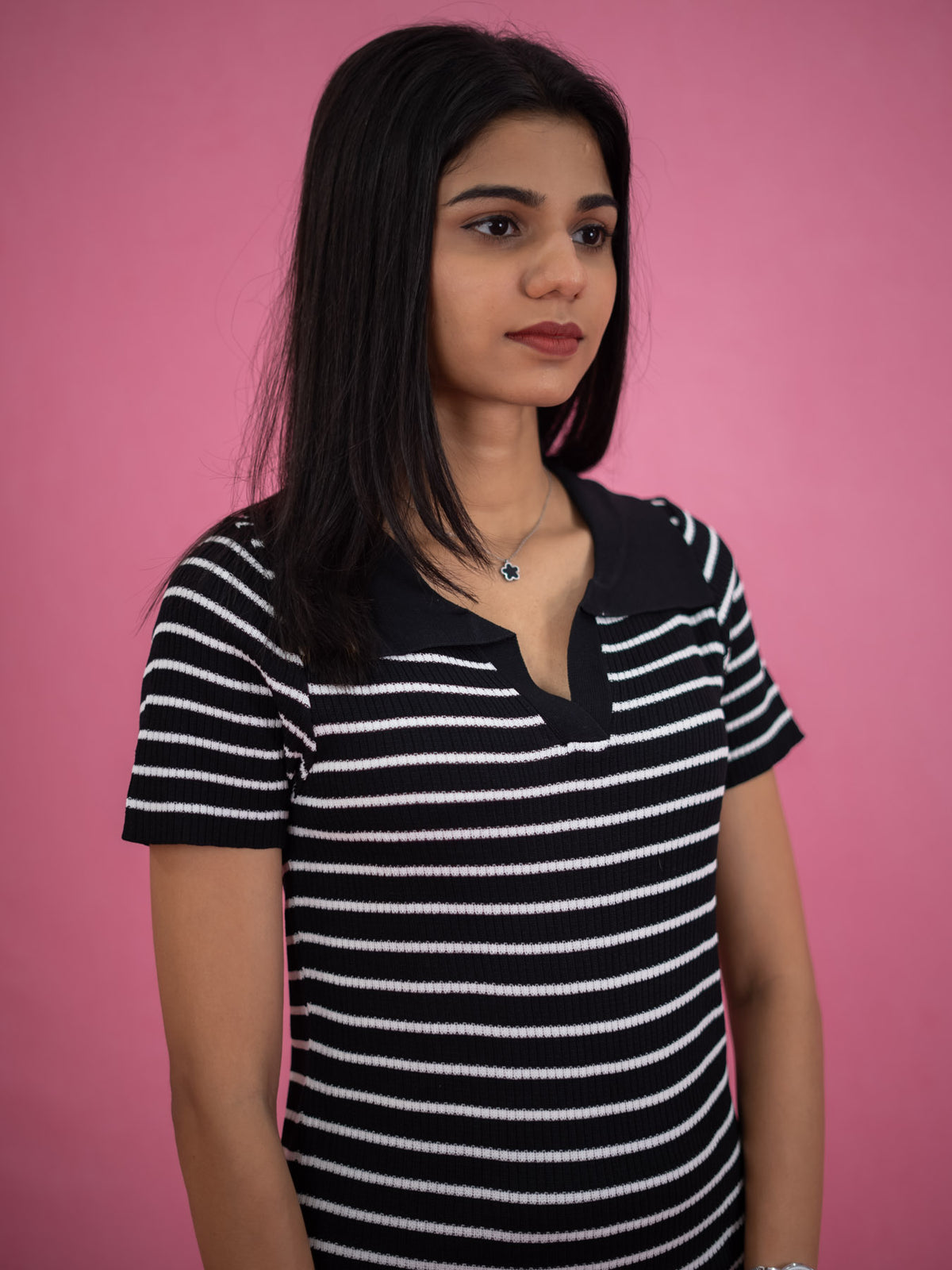 Women Striped Tassel Pullover Knit Dress, black casual dress with stripe and collar