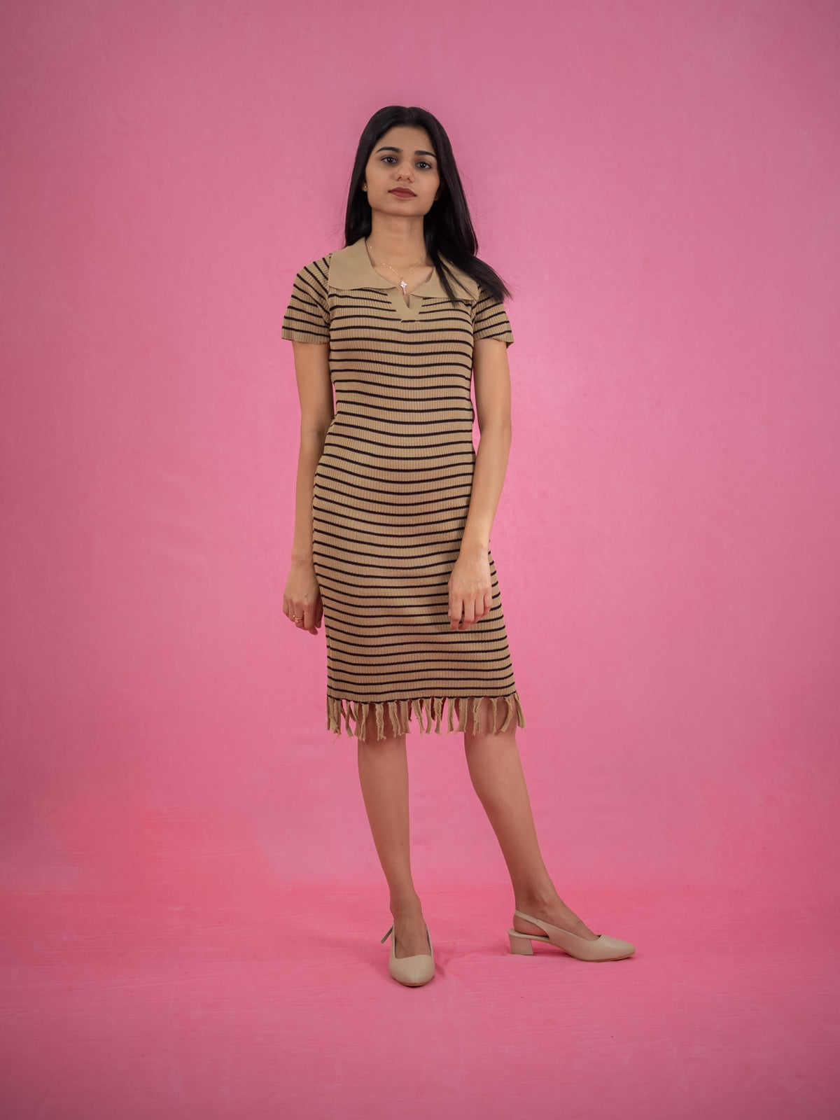 Women Striped Tassel Pullover Knit Dress, brown casual dress with stripe and collar