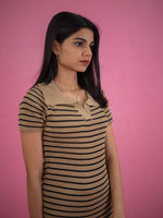 Women Striped Tassel Pullover Knit Dress, brown casual dress with stripe and collar