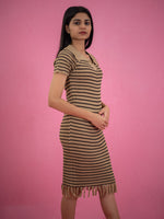 Women Striped Tassel Pullover Knit Dress, brown casual dress with stripe and collar