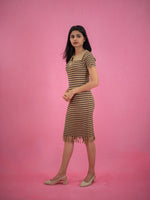 Women Striped Tassel Pullover Knit Dress, brown casual dress with stripe and collar