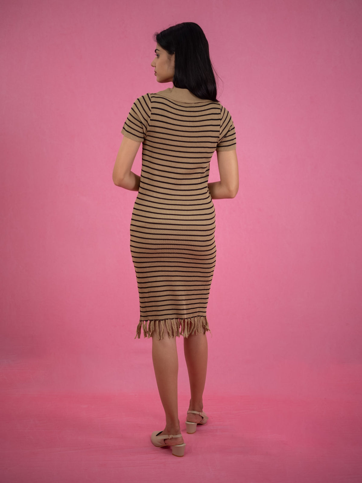 Women Striped Tassel Pullover Knit Dress, brown casual dress with stripe and collar