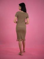 Women Striped Tassel Pullover Knit Dress, brown casual dress with stripe and collar