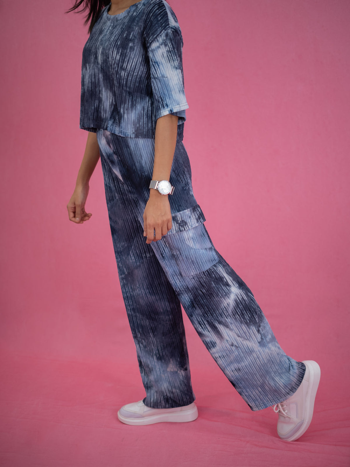 Women Tie-Dye Blue Velvet Co-Ord Set, blue co ord set