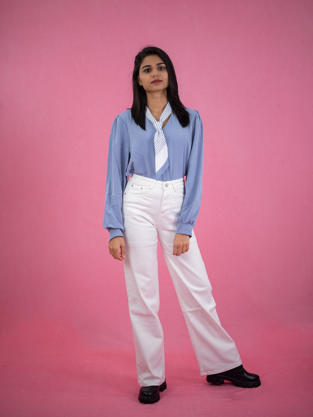 Women Long Sleeve Top With Attached Collar Tie, formal and casual shirt blue