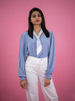 Women Long Sleeve Top With Attached Collar Tie, formal and casual shirt blue