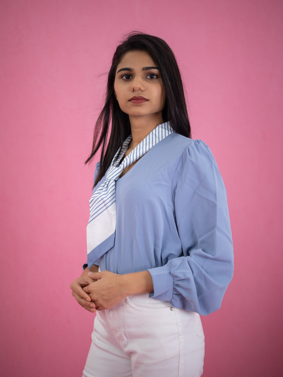 Women Long Sleeve Top With Attached Collar Tie, formal and casual shirt blue