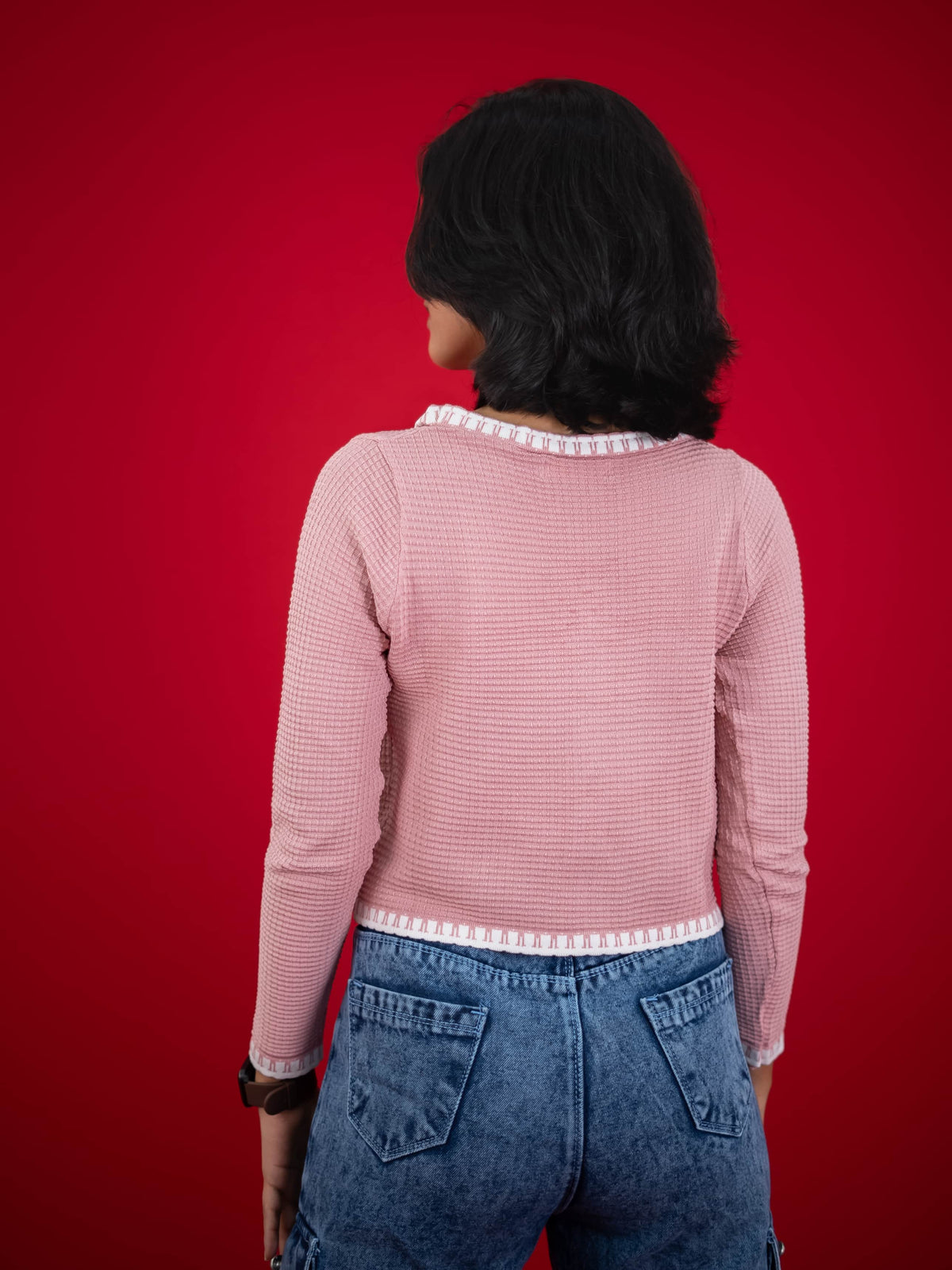 Women Knitted Top With Casual Button & Cardigan Pocket, women casual knitted pink top