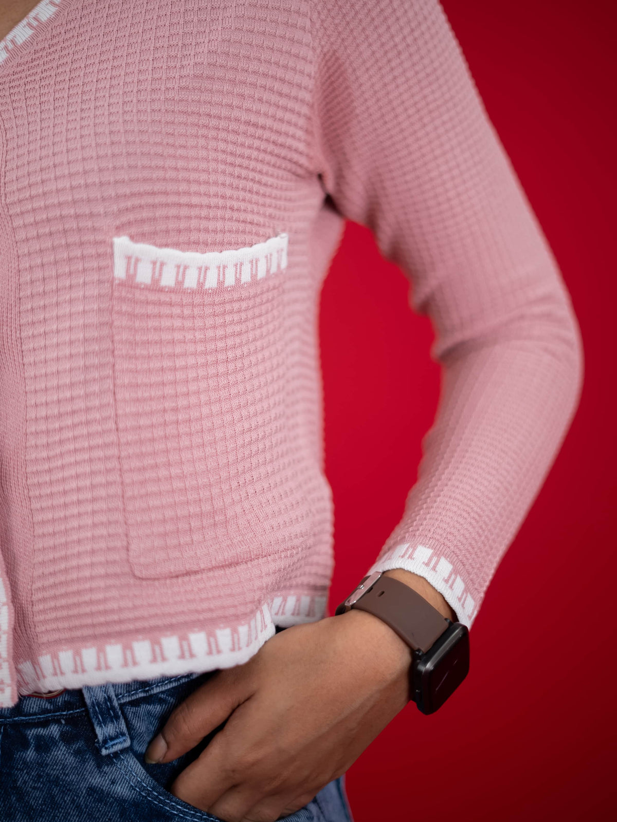 Women Knitted Top With Casual Button & Cardigan Pocket, women casual knitted pink top
