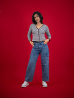 Women Knitted Top With Casual Button & Cardigan Pocket, women casual knitted black and white top