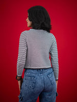 Women Knitted Top With Casual Button & Cardigan Pocket, women casual knitted black and white top