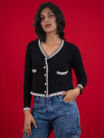 Women Knitted Top With Casual Button & Cardigan Pocket, women casual knitted black top