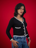 Women Knitted Top With Casual Button & Cardigan Pocket, women casual knitted black and white top