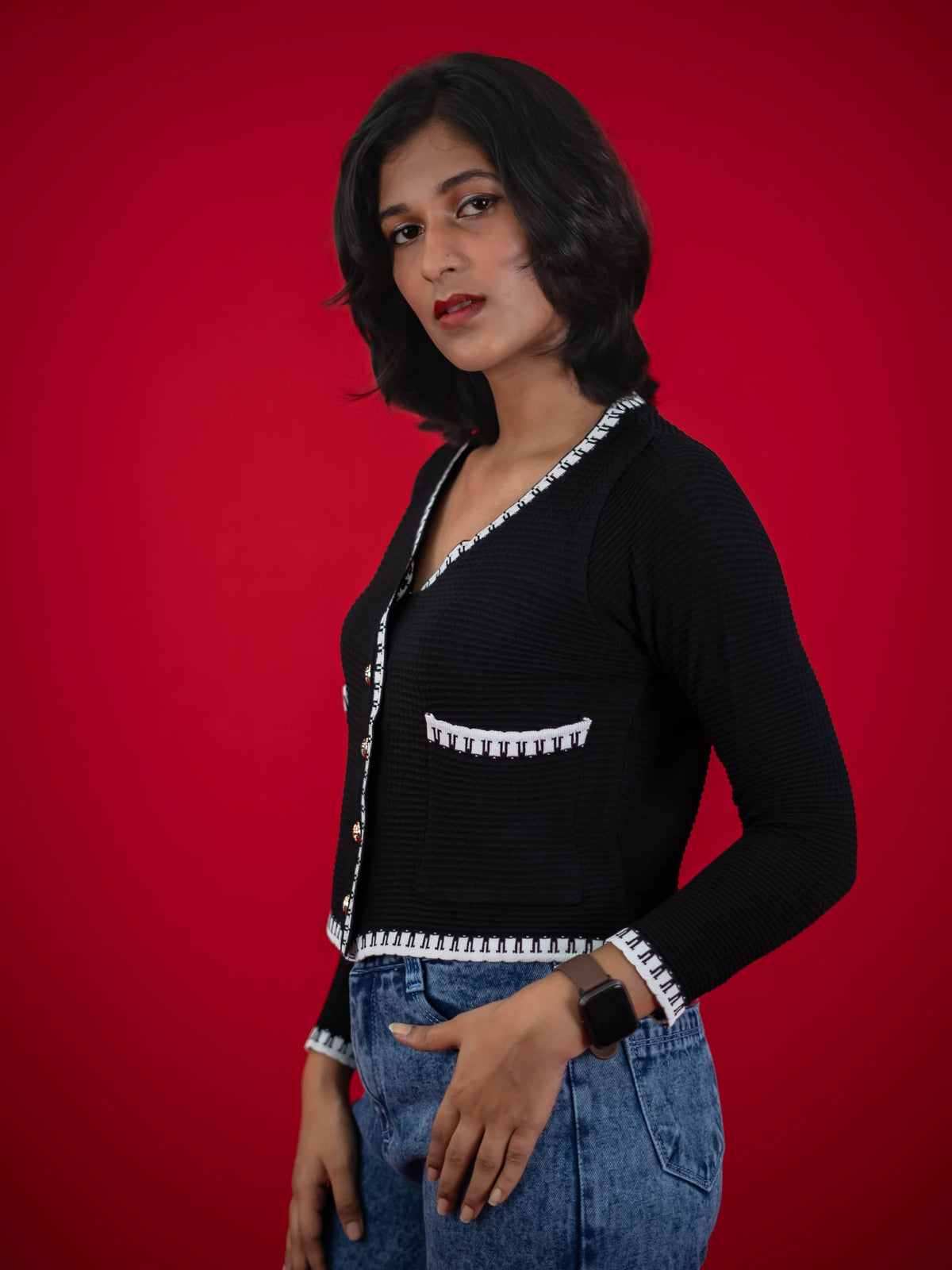 Women Knitted Top With Casual Button & Cardigan Pocket, women casual knitted black and white top