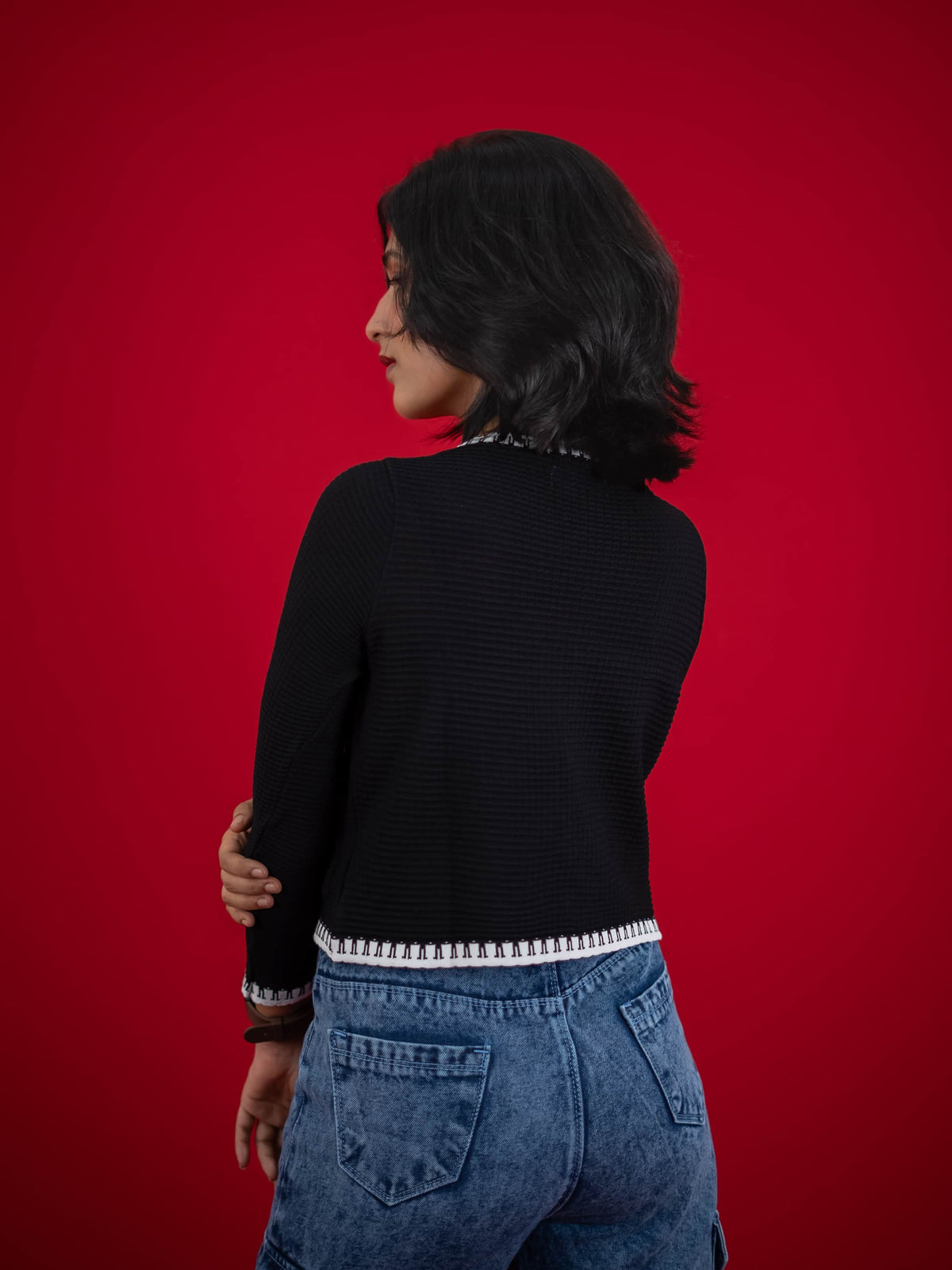 Women Knitted Top With Casual Button & Cardigan Pocket, women casual knitted black and white top