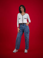 Women Knitted Top With Casual Button & Cardigan Pocket, women casual knitted white top