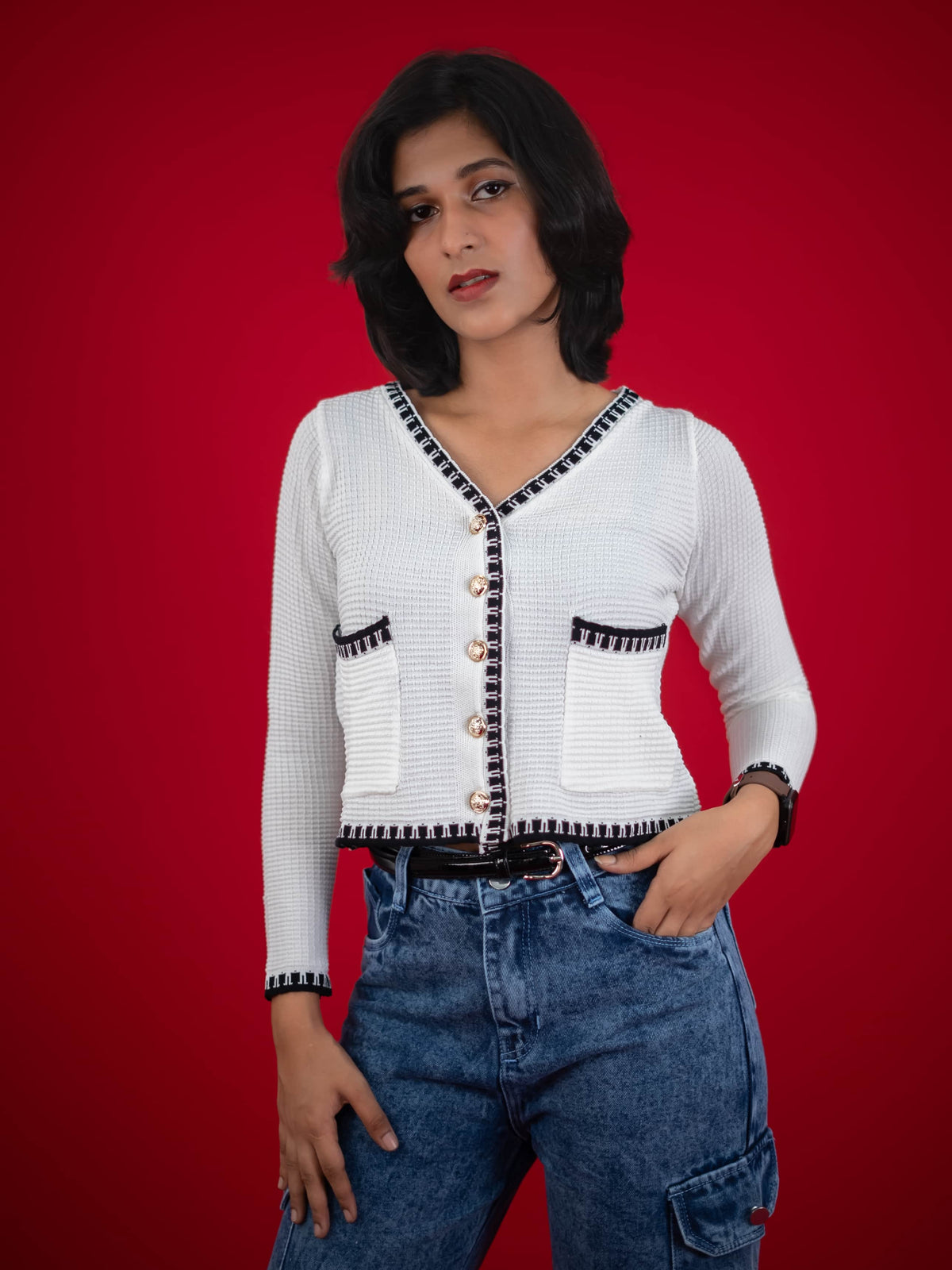 Women Knitted Top With Casual Button & Cardigan Pocket, women casual knitted white top
