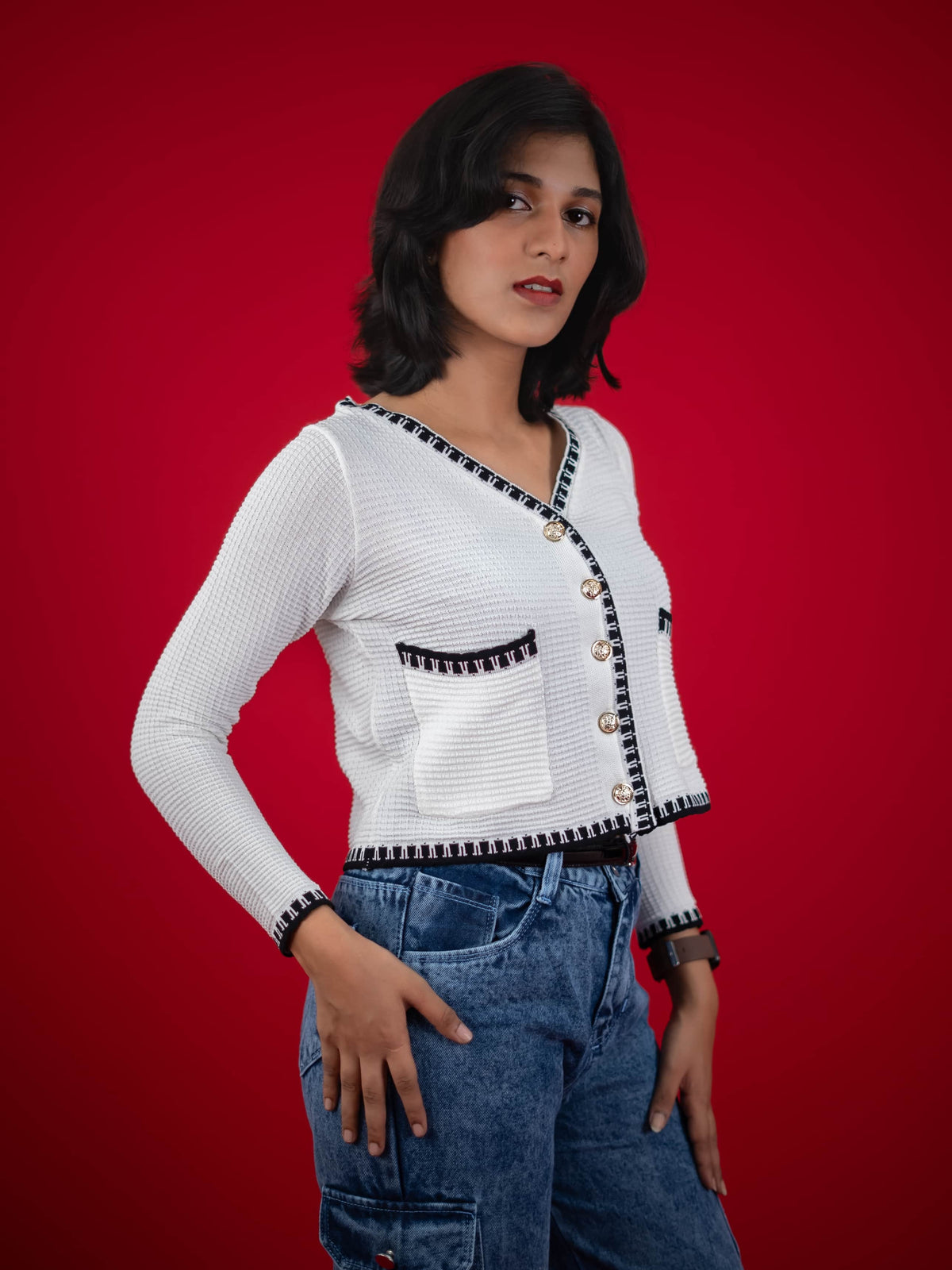 Women Knitted Top With Casual Button & Cardigan Pocket, women casual knitted white top