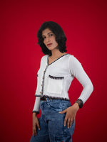 Women Knitted Top With Casual Button & Cardigan Pocket, women casual knitted white top