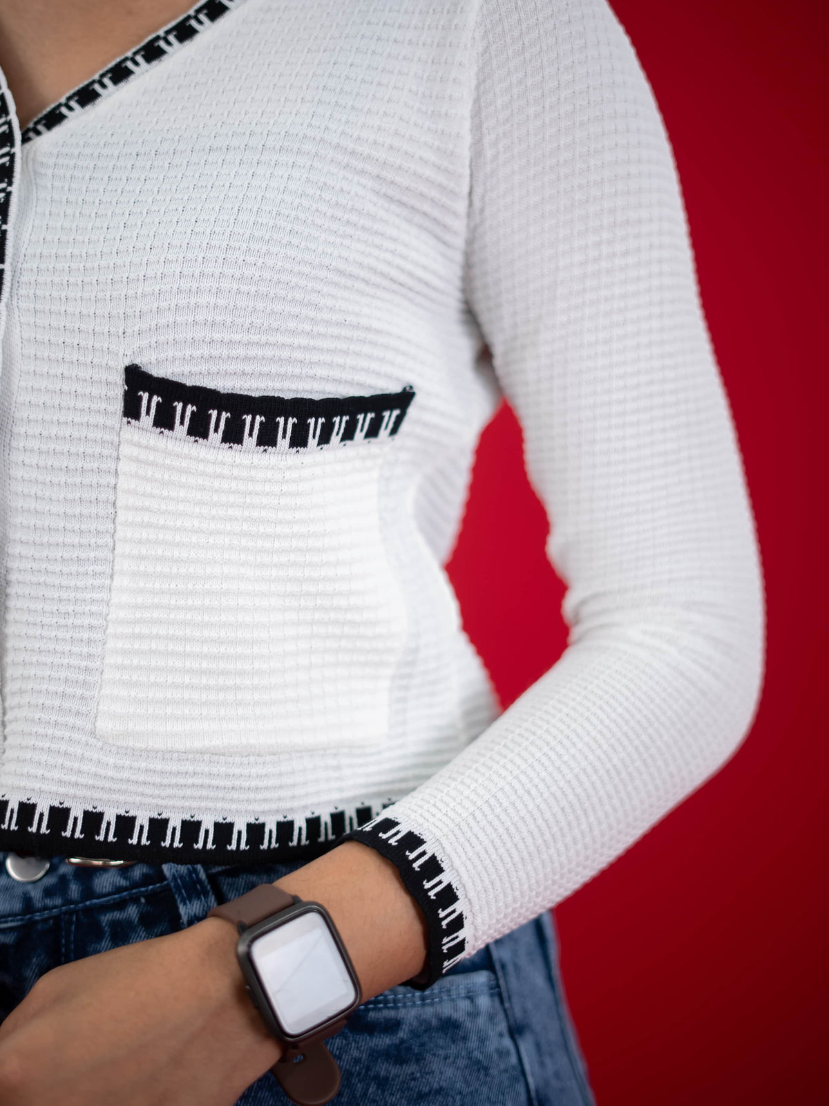 Women Knitted Top With Casual Button & Cardigan Pocket, women casual knitted white top