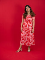 Floral Printed Casual Dress For Women (Half-Sleeve), Red dress with floral print