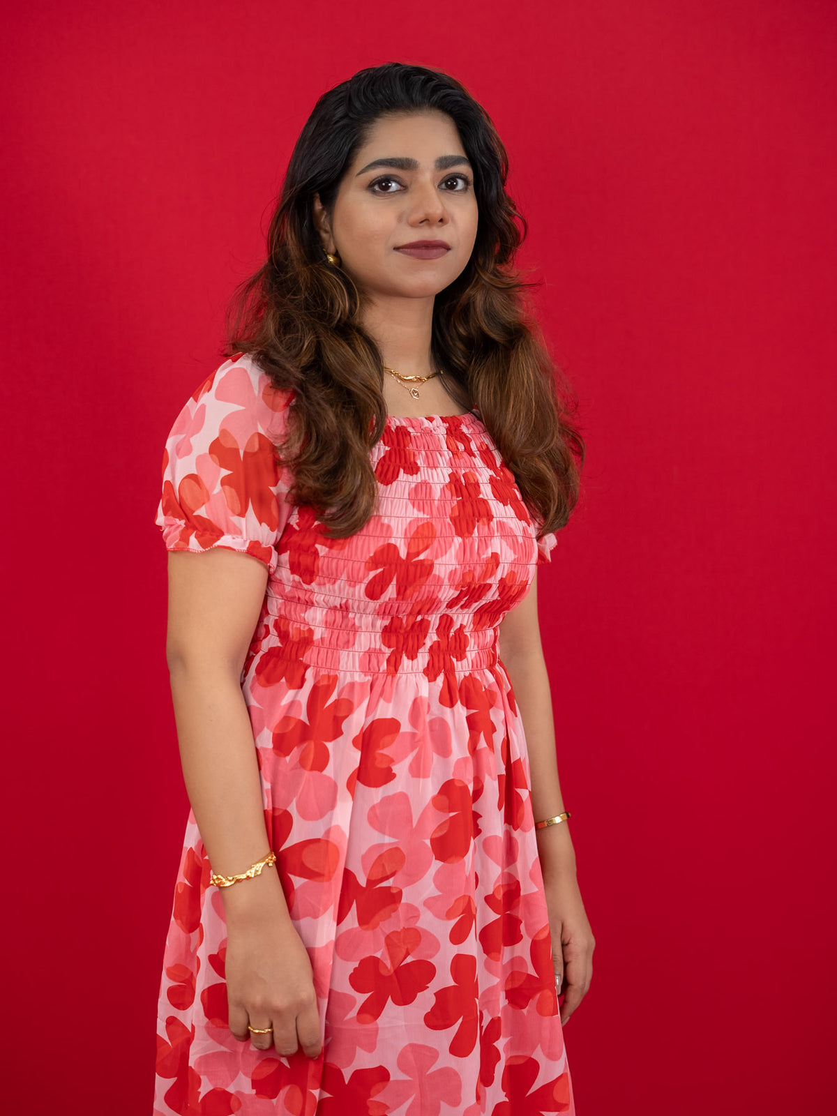 Floral Printed Casual Dress For Women (Half-Sleeve), Red dress with floral print