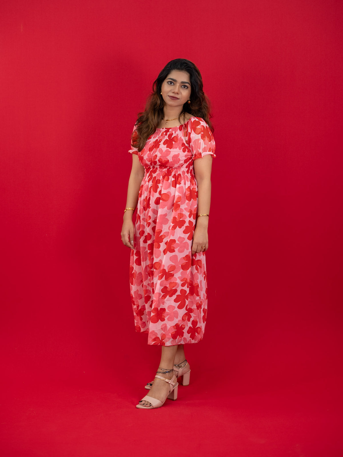Floral Printed Casual Dress For Women (Half-Sleeve), Red dress with floral print