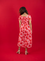 Floral Printed Casual Dress For Women (Half-Sleeve), Red dress with floral print